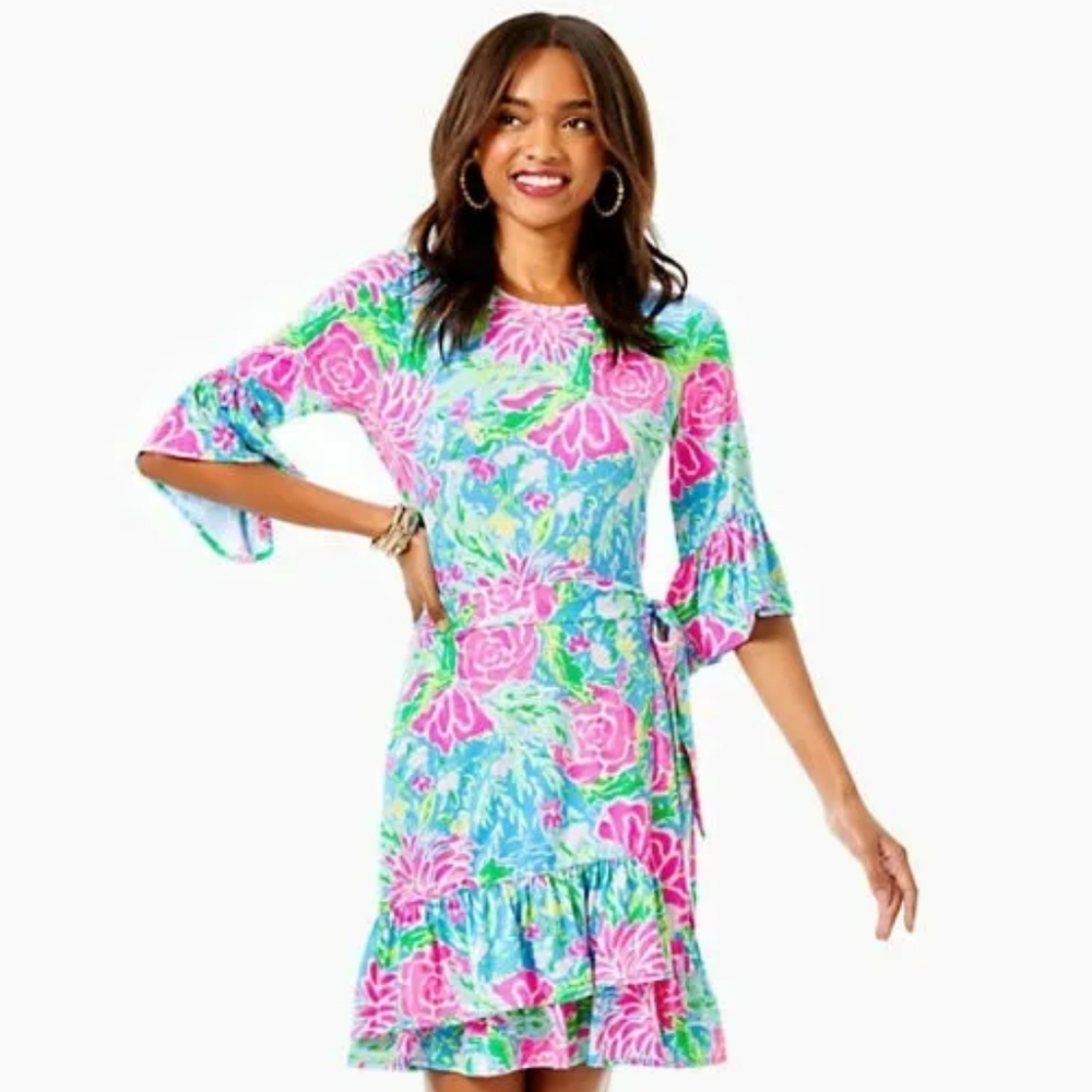 LILLY PULITZER "Kassi" Dress in Zanzibar Blue Real-Wrap Tie Belt Ruffle S